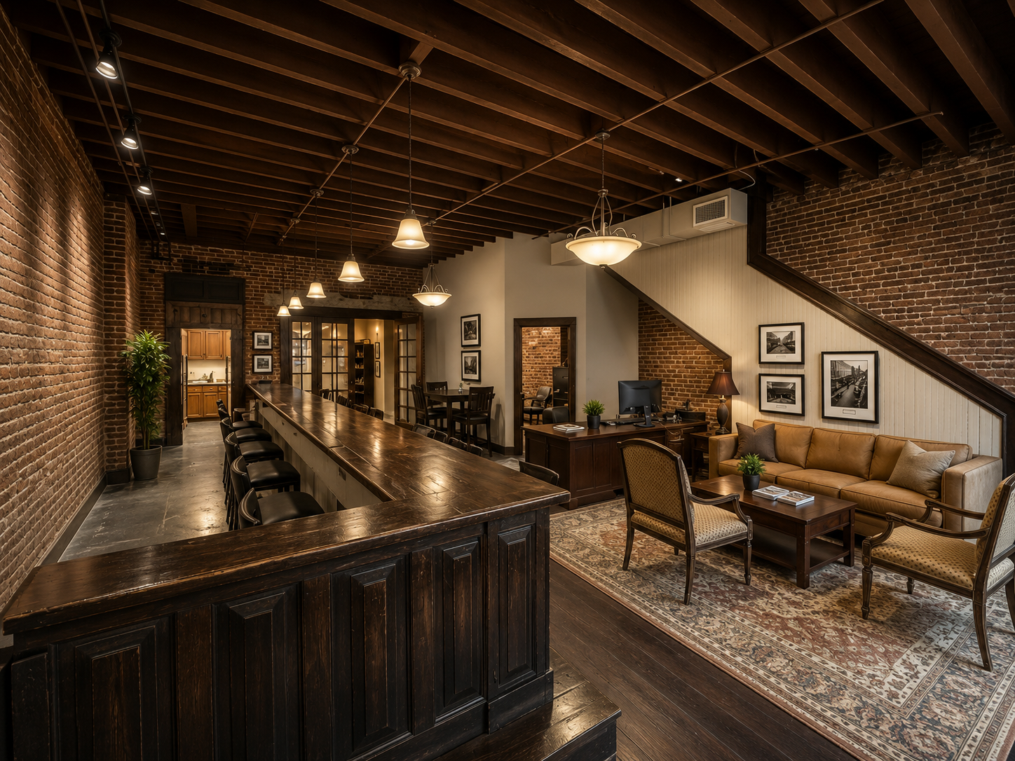 Open lounge and bar with staircase